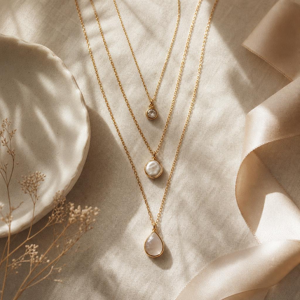 Three delicate pendant necklaces of varying lengths on cream linen