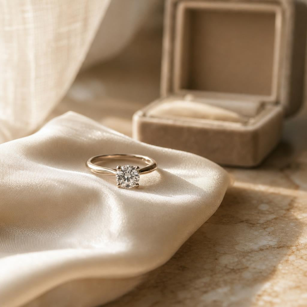 Sparkling solitaire engagement ring resting on cream silk in soft morning light