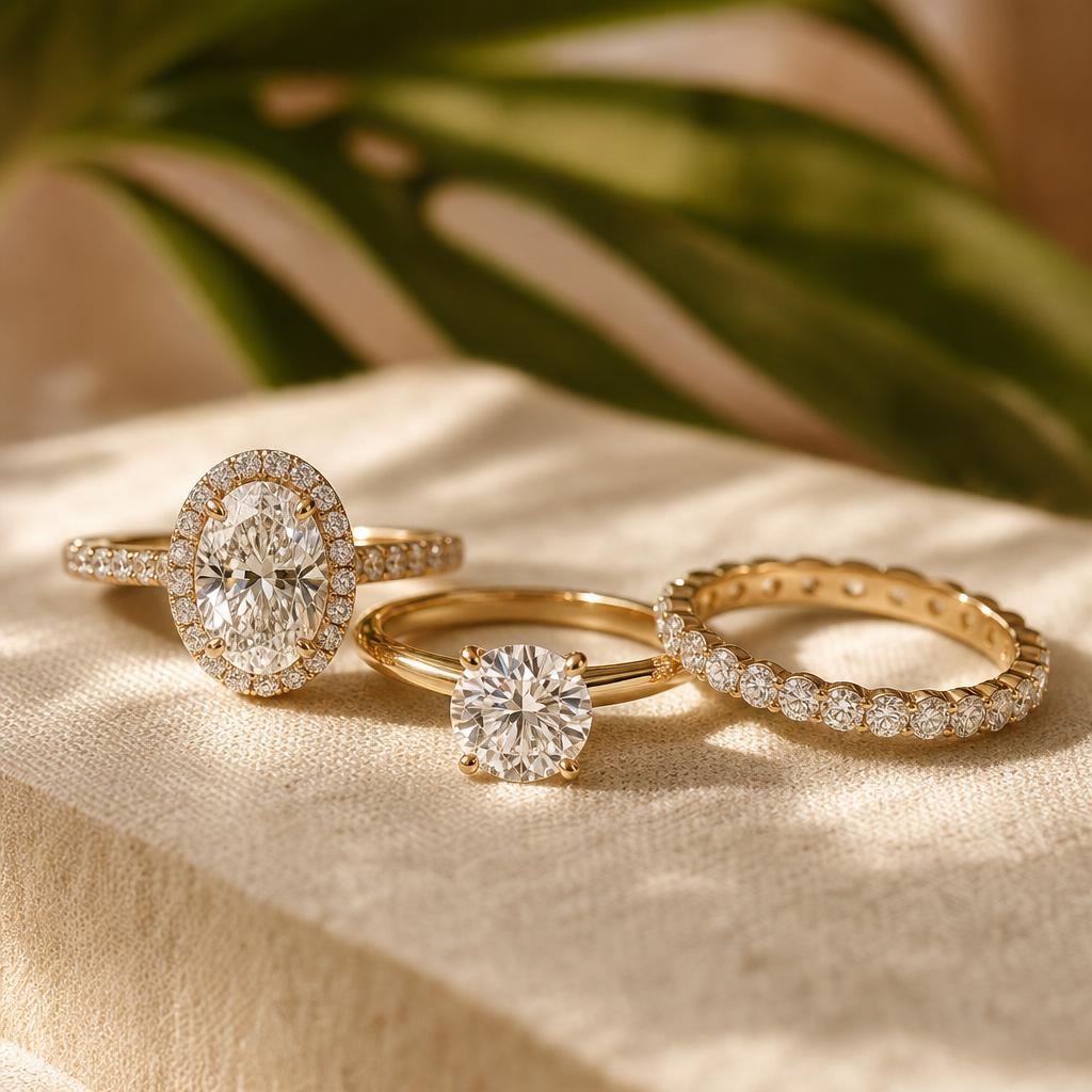 Three simulated diamond rings on warm cream linen surface with soft natural light