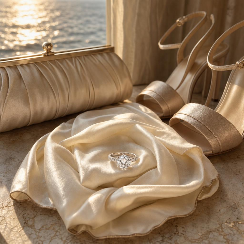 Sparkling diamond ring on cream silk beside evening clutch and heels