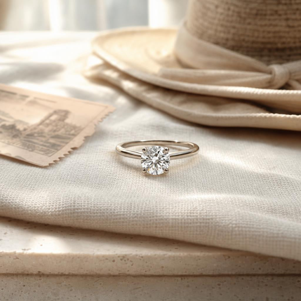 Round solitaire ring on cream linen beside a ticket stub and sun hat