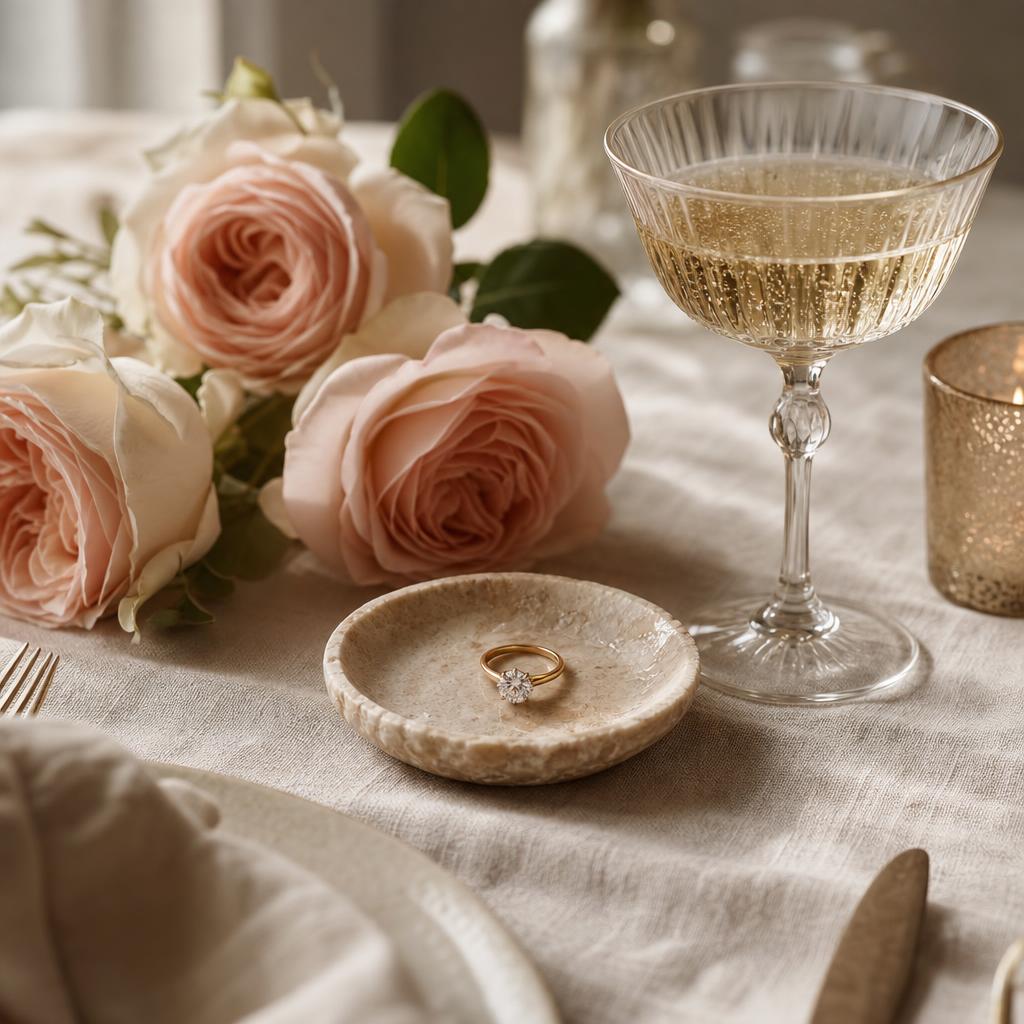 Solitaire ring on a stone dish beside a champagne coupe and blush roses