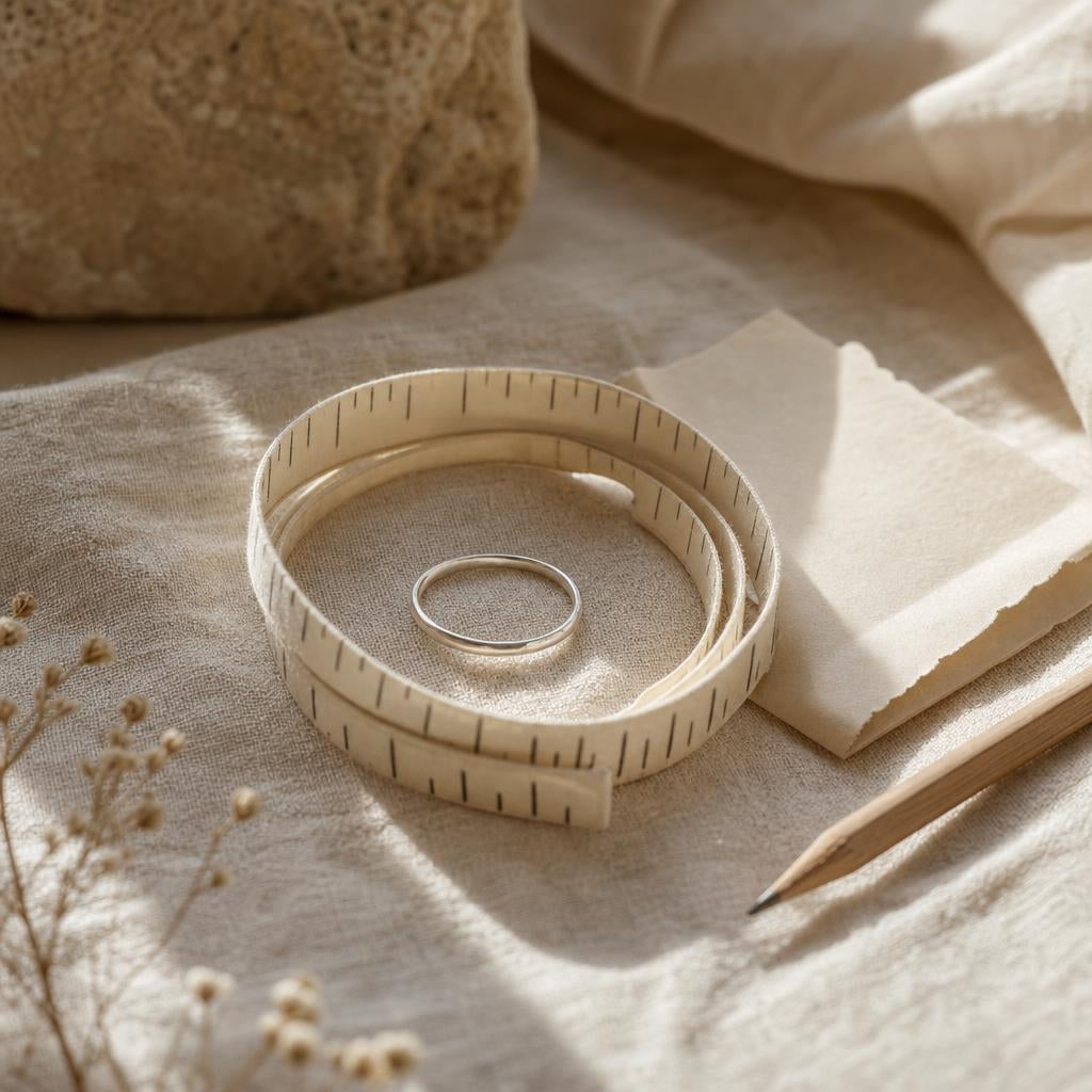 Silver ring resting beside a measuring tape on linen fabric