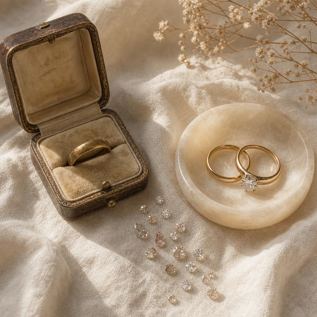Antique jewelry box beside modern rings on a cream surface