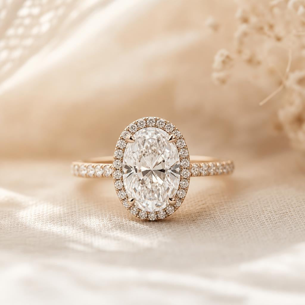 Large oval halo engagement ring centred on warm cream linen in soft natural light