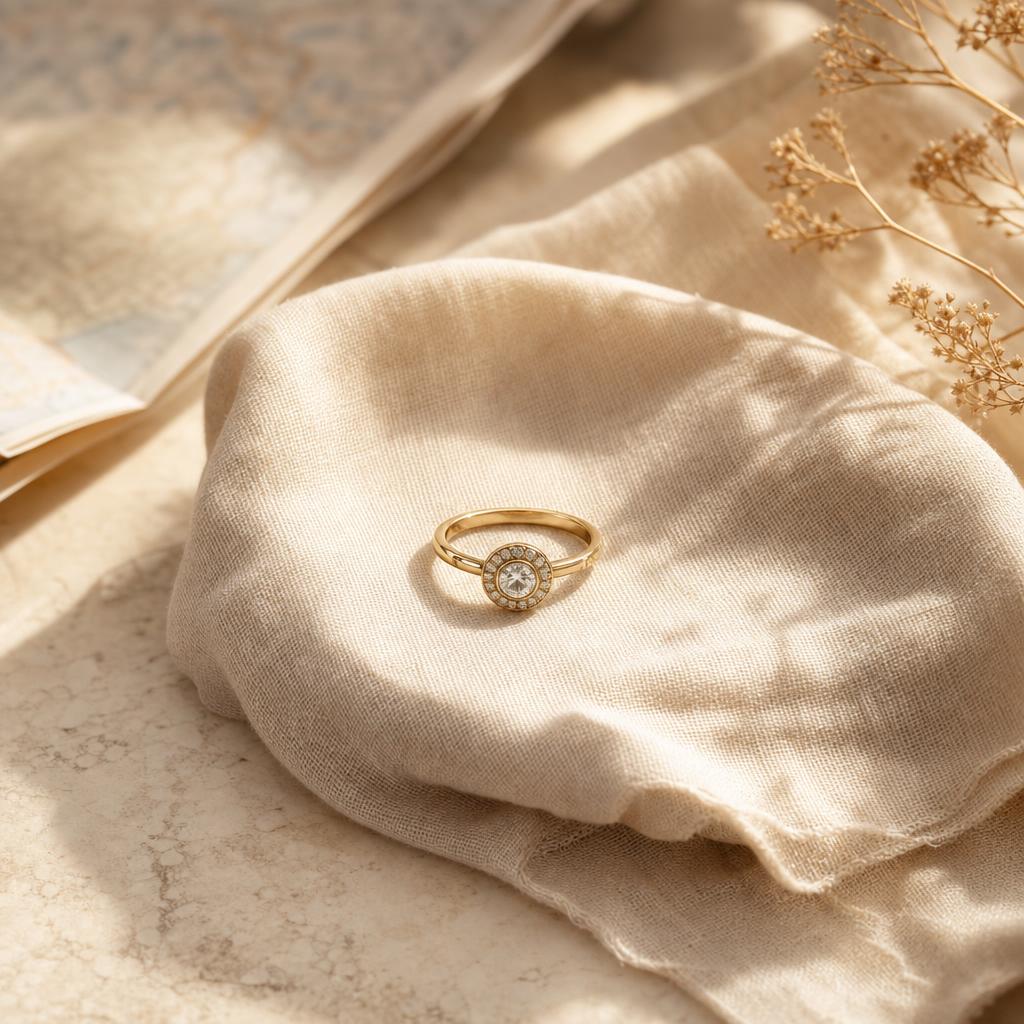 Simulated diamond ring resting on warm linen and stone in soft light