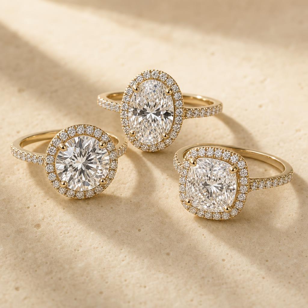 Three simulated diamond halo rings arranged on warm cream stone surface