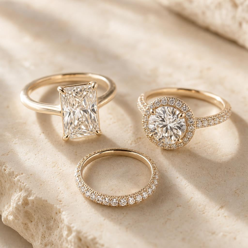 Three elegant simulated diamond rings arranged on a smooth cream stone surface in soft natural light