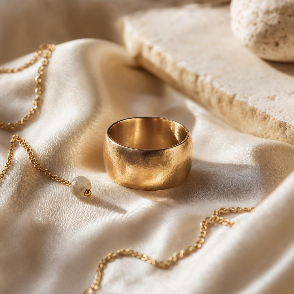 Single wide statement ring band resting on warm ivory silk fabric