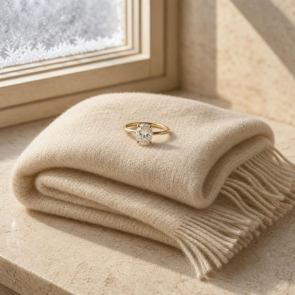 A ring resting on a cream scarf near a frosted window