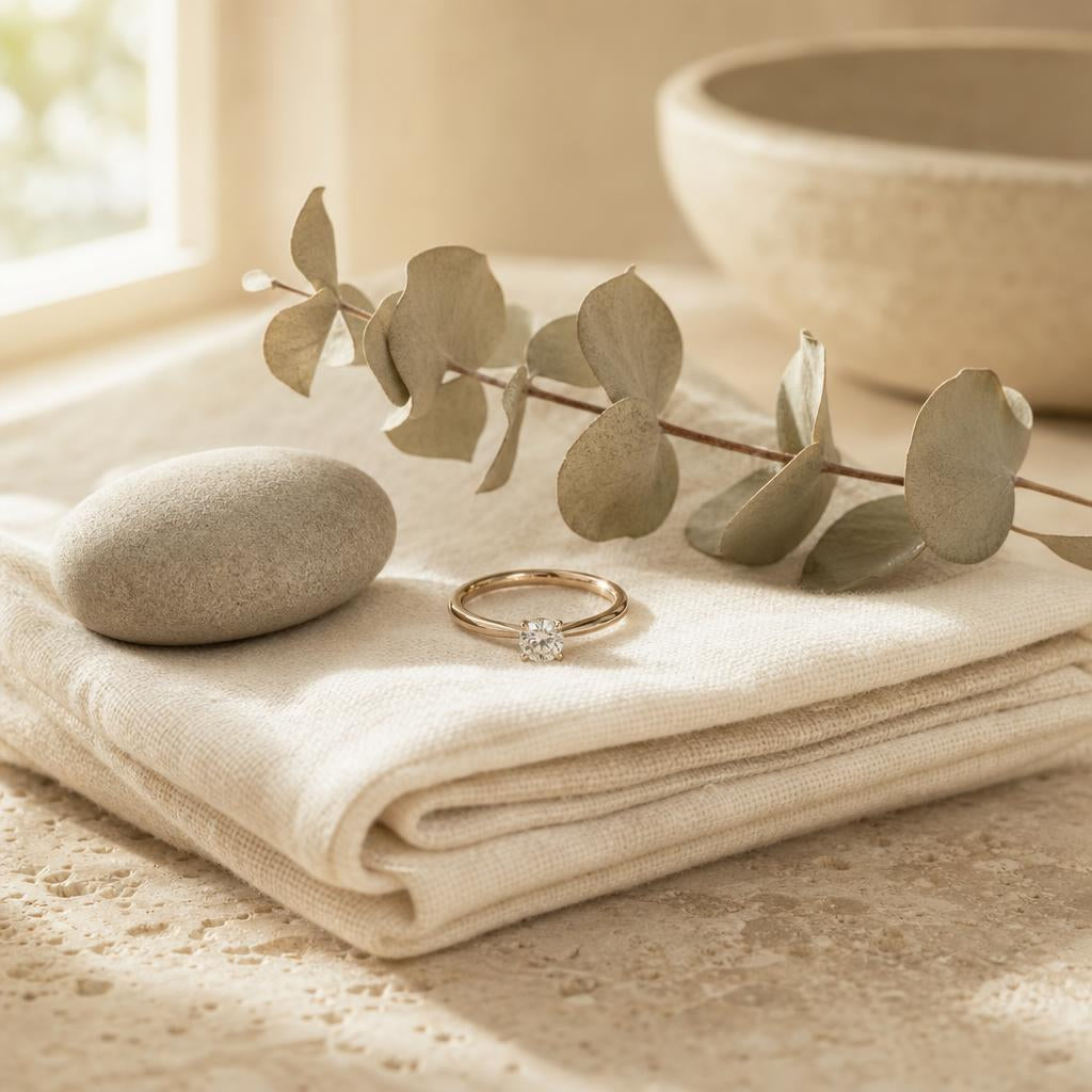 Sparkling solitaire ring on a cream linen yoga towel beside a river stone