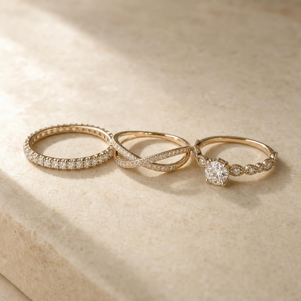 Three slim delicate rings resting on a warm cream stone surface in soft editorial light
