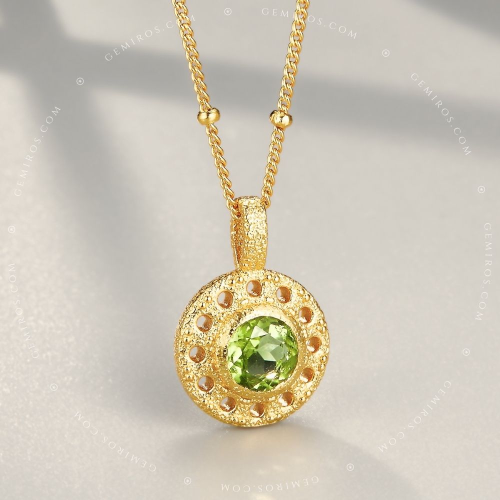 Peridot Antique Hollow Coin Matte Gold Pendant with Satellite Chain Necklace