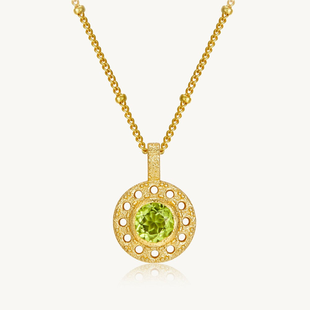 Peridot Antique Hollow Coin Matte Gold Pendant with Satellite Chain Necklace