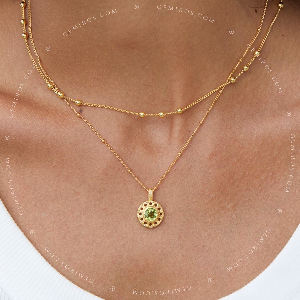 Peridot Antique Hollow Coin Matte Gold Pendant with Satellite Chain Necklace