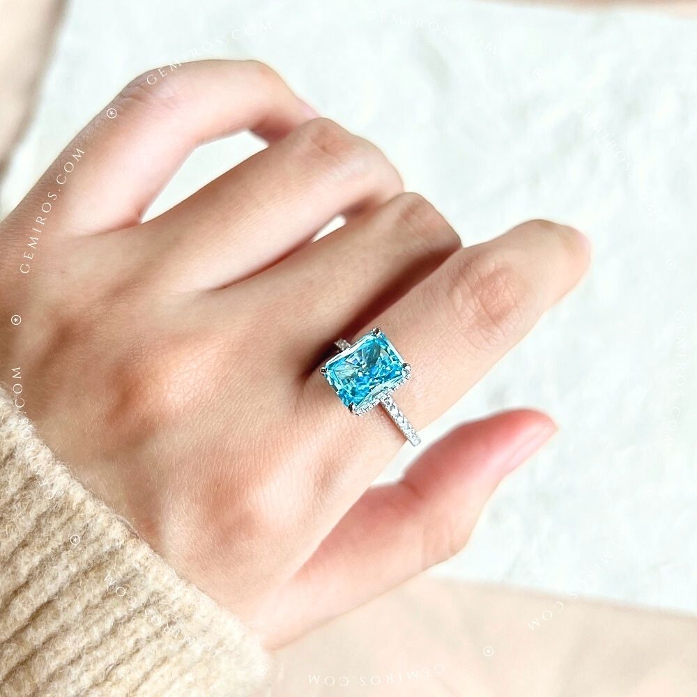 The Aura Ring Blue - Radiant Cut Solitaire with Side Halo