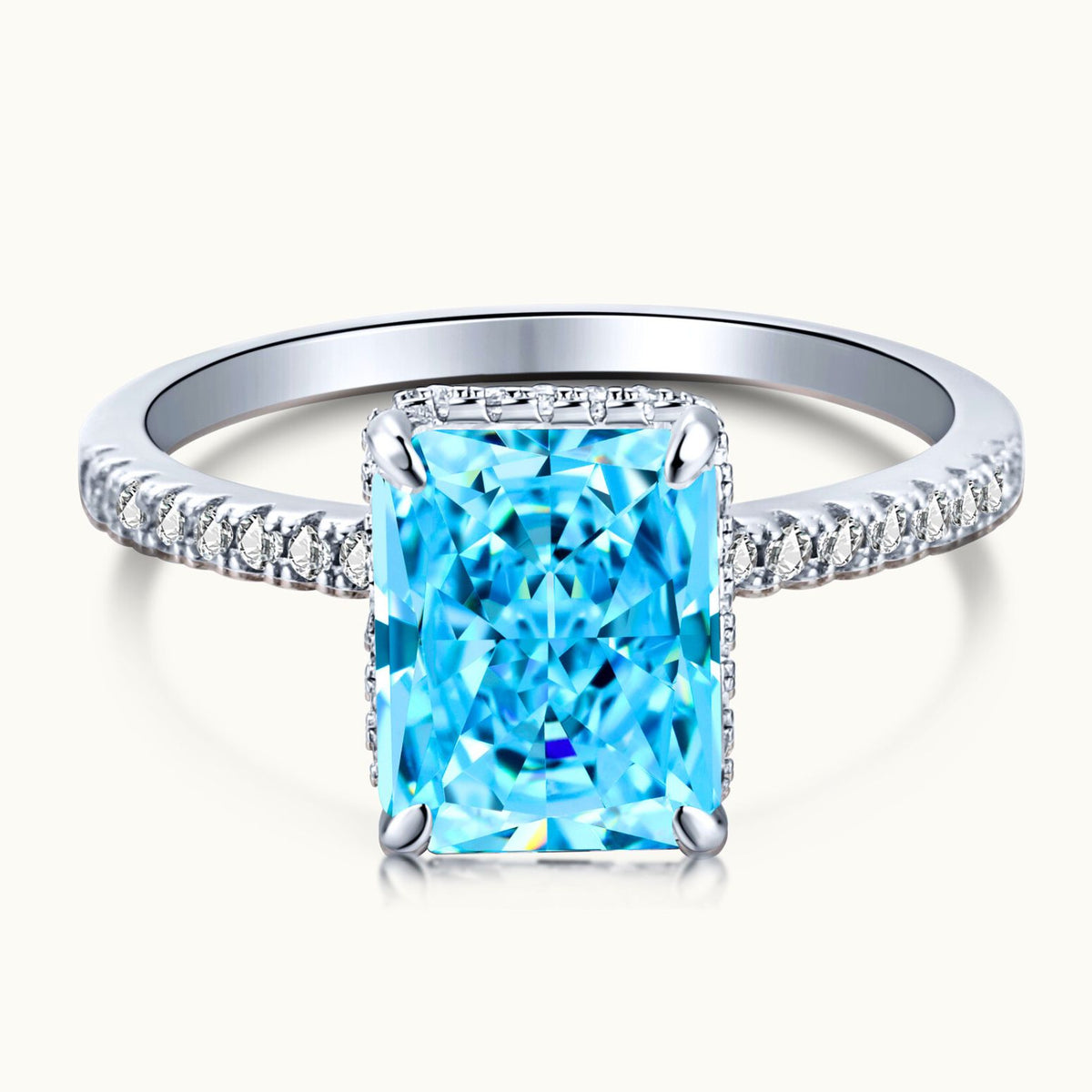 The Aura Ring Blue - Radiant Cut Solitaire with Side Halo