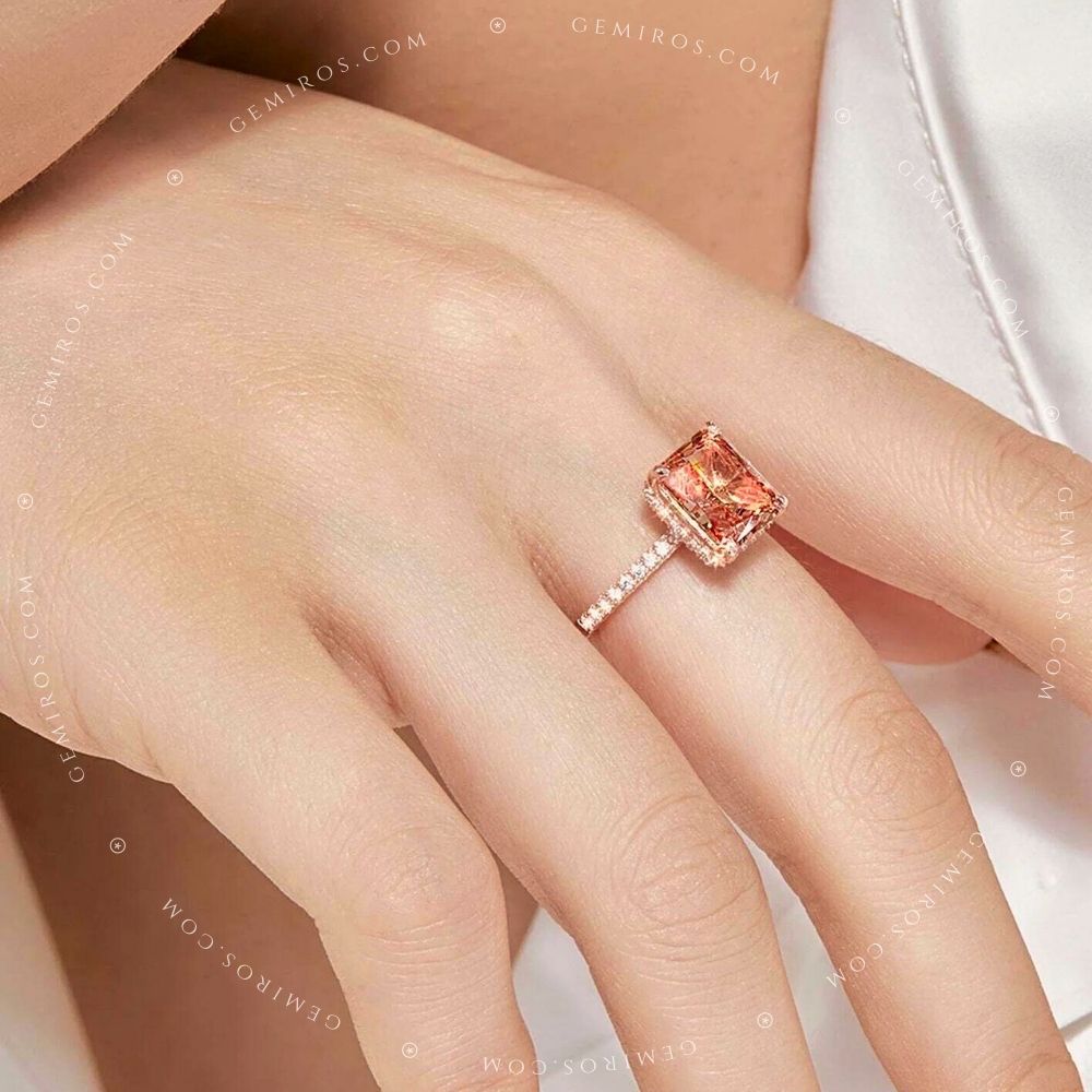 The Aura Ring Champagne - Radiant Cut Solitaire with Side Halo