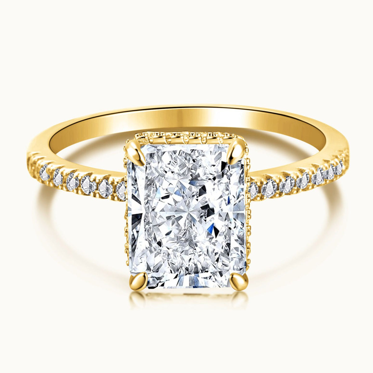 The Aura Ring Gold - Radiant Cut Solitaire with Side Halo