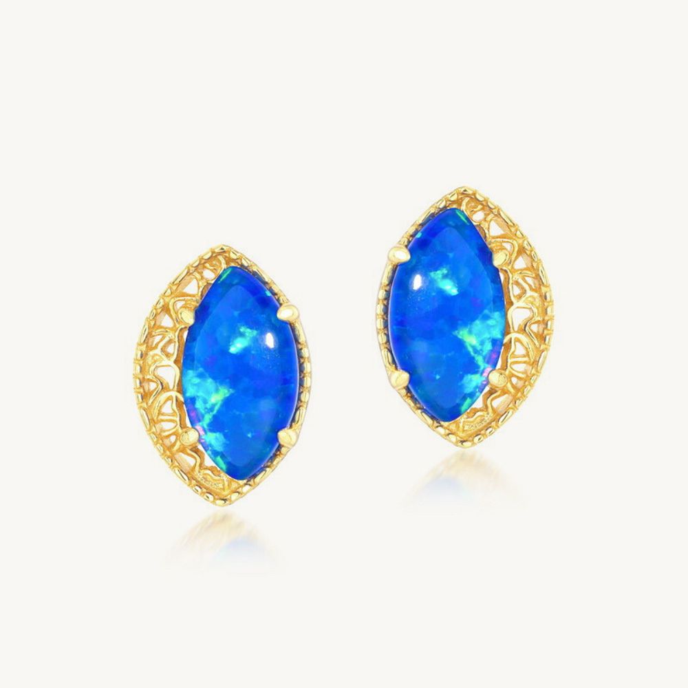 Blue Opal Oval Lace Stud Earrings