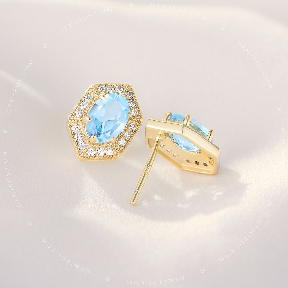 Vintage Blue Topaz Halo Hexagon Stud Earrings