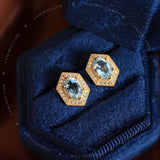 Vintage Blue Topaz Halo Hexagon Stud Earrings