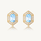 Vintage Blue Topaz Halo Hexagon Stud Earrings