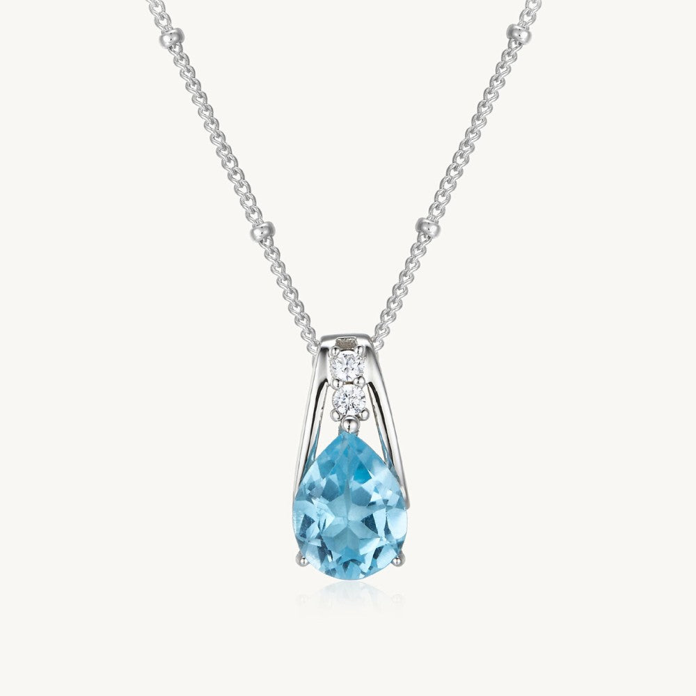 Blue Topaz Teardrop Pendant with Satellite Chain Necklace