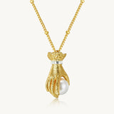 Pearl in Hand Brushed Gold Necklace