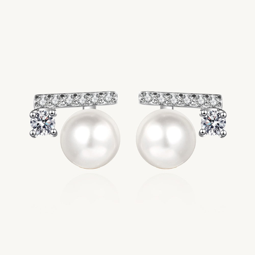 Moissanite Pavé Balance Beam Pearl Stud Earrings