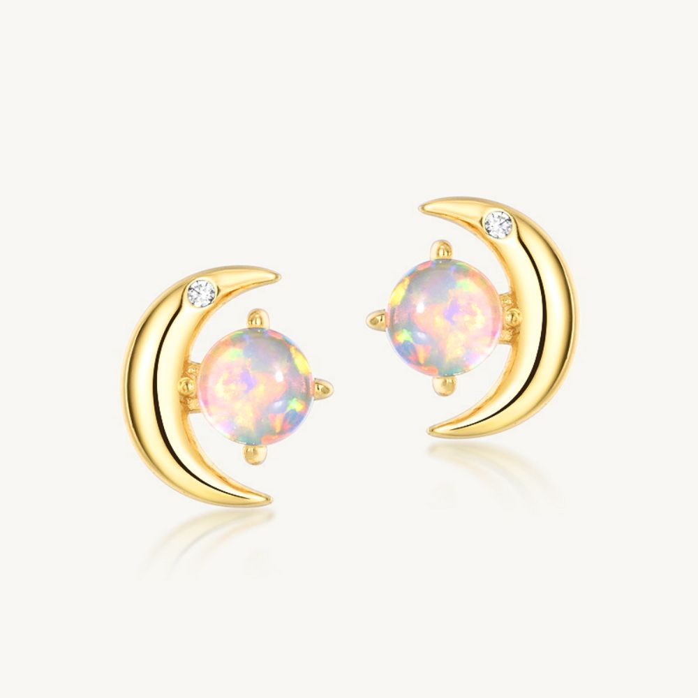 Opal Starlight Crescent Moon Stud Earrings