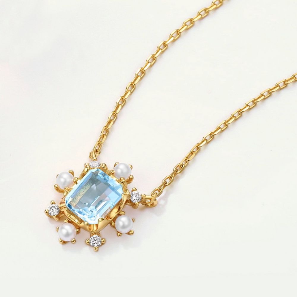 Blue Topaz & Pearl Snowflake Palace Necklace