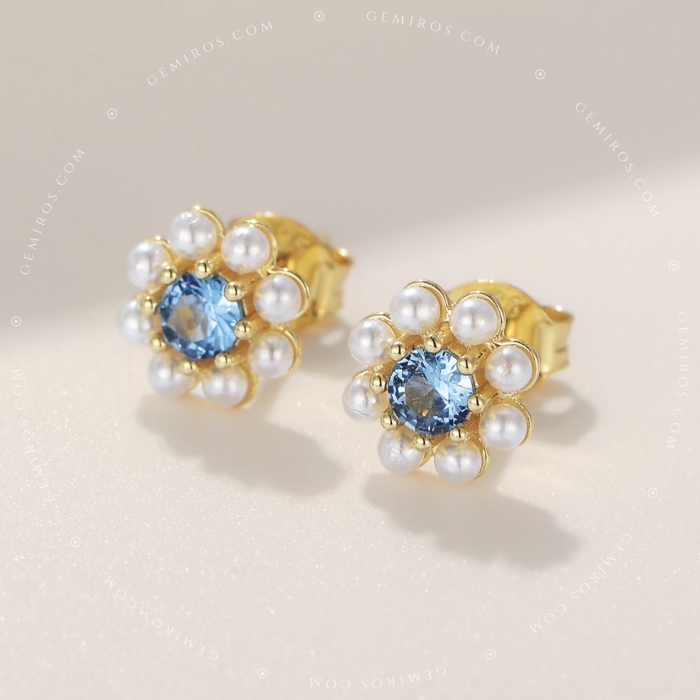 Gold Pearl Flower Halo Blue Gemstone Stud Earrings