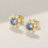 Gold Pearl Flower Halo Blue Gemstone Stud Earrings