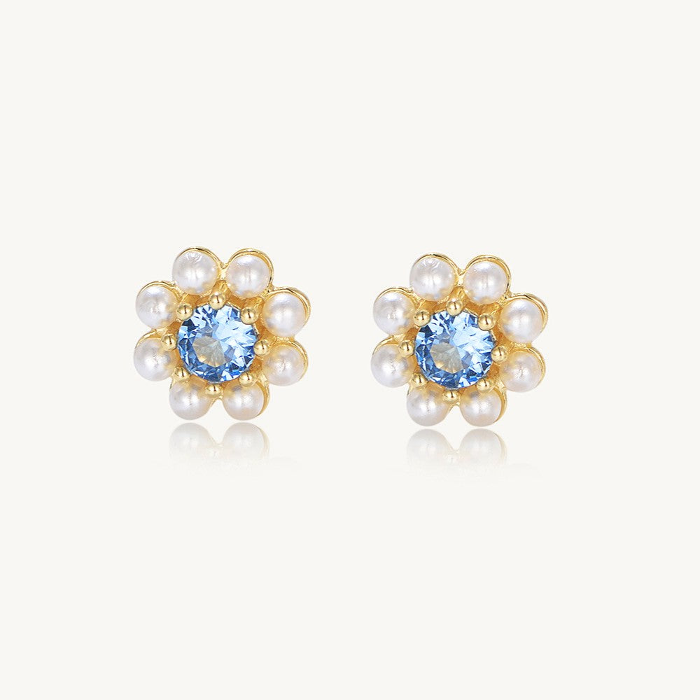 Gold Pearl Flower Halo Blue Gemstone Stud Earrings