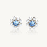 Silver Pearl Flower Halo Blue Gemstone Stud Earrings