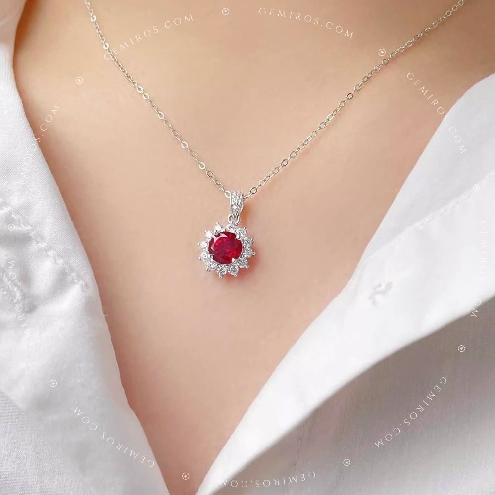 Halo 1.2ct Round Cut Ruby Pendant