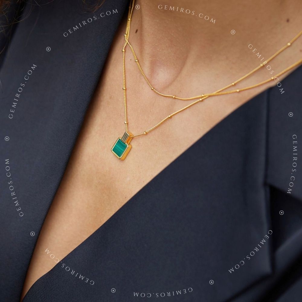 Square Malachite Pendant Necklace with Satellite Chain