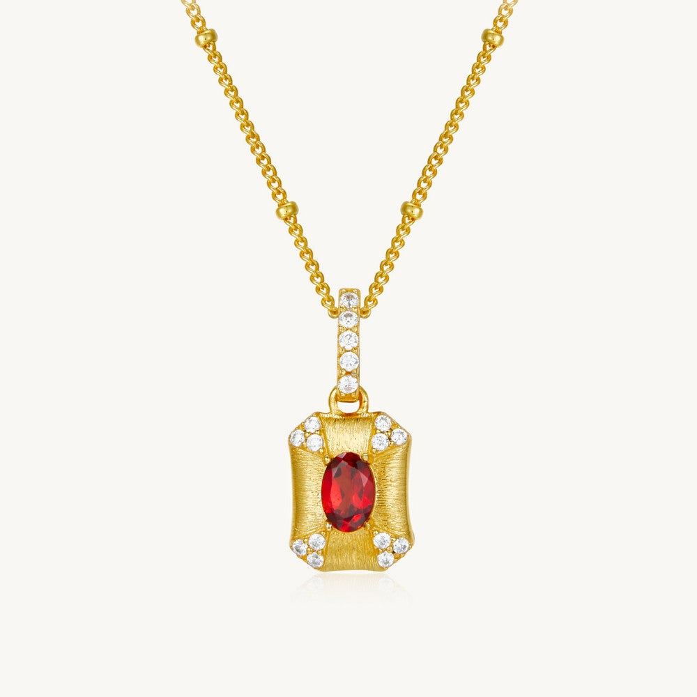 Vintage Garnet Brushed Gold Pendant with Satellite Chain Necklace